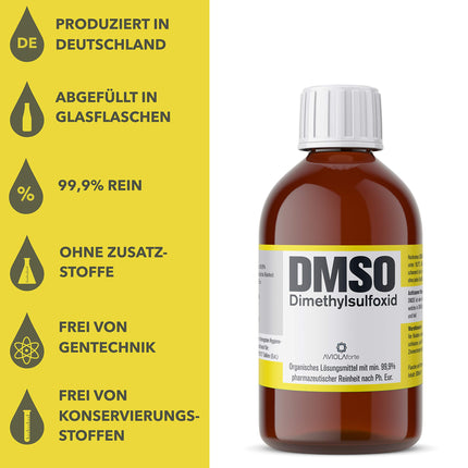 DMSO no AVIOLAforte | Dimetilsulfoksīds ar 99,9% farmaceitisku tīrību no Vācijas | Brūna stikla aptiekas pudele | 100 ml, 250 ml, 500 ml vai 1000 ml