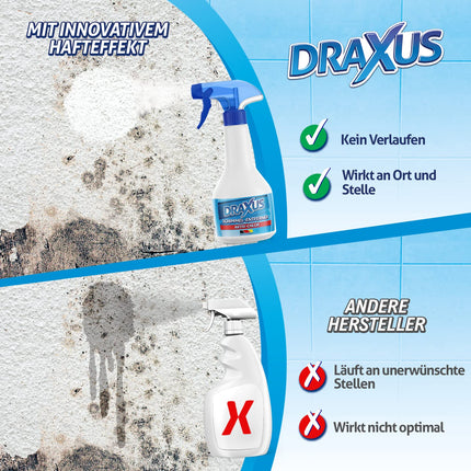 DRAXUS profesionāls pelējuma noņēmējs ar inovatīvu līmes efektu | Īpaši spēcīgs pelējuma aerosols sienām, vannas istabām, silikona šuvēm un citam | Ļoti efektīvi noņem pelējumu (aktīvais hlors) 500 ml