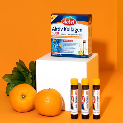 Abtei Active Collagen 5000 - veselīgiem kauliem, skrimšļiem un muskuļiem - ar C vitamīnu, magniju un cinku - bez cukura - 1 x 10 dzeršanas ampulas pa 25 ml katrā