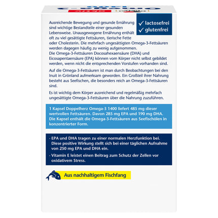 Doppelherz Omega-3 1400 mg - Augstas devas Omega-3 koncentrāts ar E vitamīnu - Augsts Omega-3 taukskābju EPA un DHA saturs - 90 kapsulas