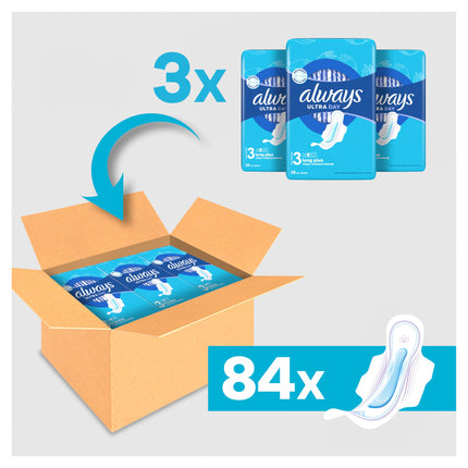 Always Ultra higiēniskās paketes sievietēm, 3. izmērs, Long Plus, 84 higiēniskās paketes ar spārniņiem (3 x 28 gab.), plānas un ļoti absorbējošas, neitralizē smakas un necaurlaidīgas