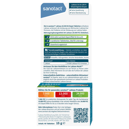 sanotact Lactase 24,000 6h DEPOT (40 laktāzes tabletes) • Laktozes tabletes ar depo efektu • Laktozes nepanesības un piena nepanesības gadījumā • Tūlītēja iedarbība un 6 stundu ilgstoša depo iedarbība