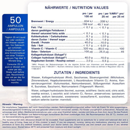 PharmaVital alfa peptīdu kolagēna dzeršanas ampulas (50 gab.) – 10 000 mg kolagēna hidrolizāta SOLUGEL®, C vitamīns, selēns, mežrozītes, Premium, ar bioaktīviem peptīdiem kauliem, locītavām, ādai