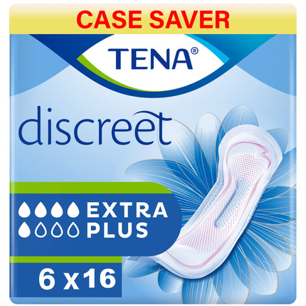 TENA Lady Discreet Extra Plus, 96 atsevišķi iesaiņoti urīna nesaturēšanas ieliktnīši (16 x 6 iepakojumi), paredzēti sievietēm ar vidēji smagu vai smagu urīna nesaturēšanu un neparedzamu noplūdi.