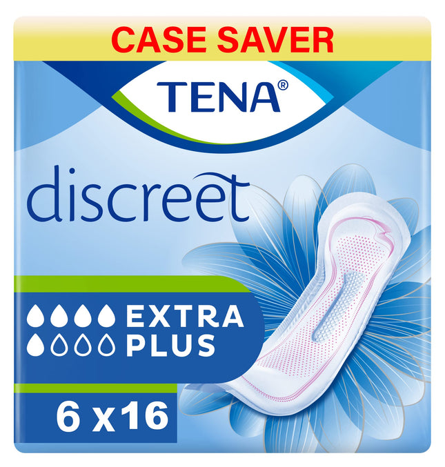 TENA Lady Discreet Extra Plus, 96 atsevišķi iesaiņoti urīna nesaturēšanas ieliktnīši (16 x 6 iepakojumi), paredzēti sievietēm ar vidēji smagu vai smagu urīna nesaturēšanu un neparedzamu noplūdi.