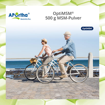 APOrtha® OptiMSM® MSM pulveris, 500 g vegāns pulveris, 99,9% tīrs metilsulfonilmetāns bez jebkādām piedevām, 1000 mg OptiMSM® MSM vienā porcijā, vegāns, bez glutēna, bez laktozes, bez alergēniem