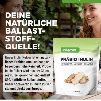 Prebio inulīna pulveris - 1100 g (1,1 kg) - Augsts šķiedrvielu saturs - Prebiotiķis - Kontrolēts atlieku saturs - Izcelsme: Eiropa - Dabiski iegūts no cigoriņu saknes - 100% vegāns
