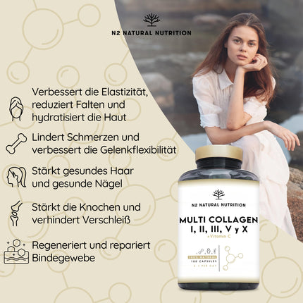 Multi kolagēna kapsulas. Augsta deva – 1650 mg. Bagātinātas ar C vitamīnu. Hidrolizēti I, II, III, V, X tipa kolagēna peptīdi. 180 kapsulas. Ādai, matiem, kauliem un locītavām. N2 dabīgais uzturs