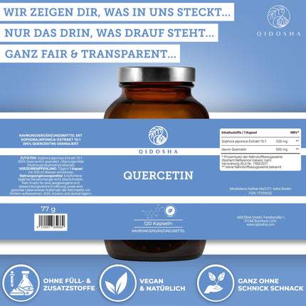 QIDOSHA® kvercetīna kapsulas ar augstu devu, TESTA UZVARĒTĀJS 02/23*, 120 gab./burciņā, 500 mg tīra kvercetīna vienā kapsulā, kvercetīna saturs pārbaudīts ārējā laboratorijā, ražots Vācijā