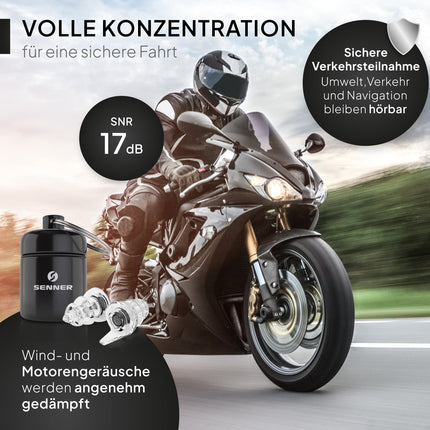 Senner ® MotoPro dzirdes aizsargi — ausu aizbāžņi motocikliem un motosportam, viegli valkājami un klusi, samazina vēja troksni, satiksmes troksnis paliek dzirdams, ar alumīnija korpusu, atkārtoti lietojami, trokšņu aizsardzības ausu aizbāžņi