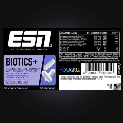 ESN Biotics+, 30 kapsulas, 450 miljardi CFU iepakojumā, augsta deva, ar B2 un D vitamīniem, tikai 1 kapsula dienā, vegāns