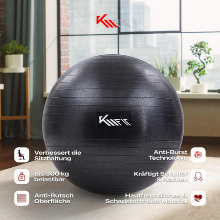 KM-Fit vingrošanas bumba 75 cm | Treniņu bumba ar gaisa pumpi | Biroja pretplīsuma bumba | Bumba fitnesam, jogai, vingrošanai, korsetes treniņiem | Pezziball jogas bumba bez BPA | Melns