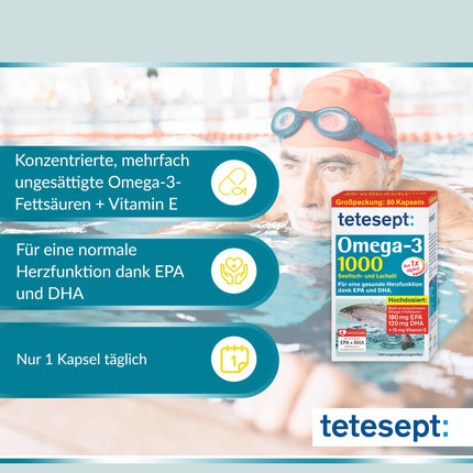 tetesept Omega-3 1000 - jūras zivju un lašu eļļas kapsulas - augsta Omega 3 taukskābju deva DHA, EPA un E vitamīns - uztura bagātinātājs sirds un asinsvadu sistēmas atbalstam - 80 kapsulas (1 iepakojums)
