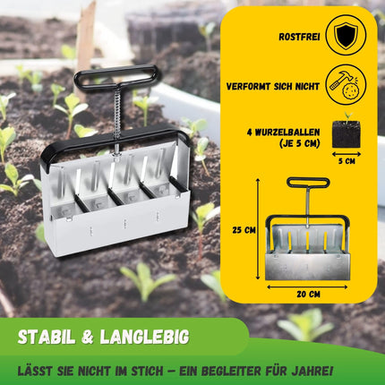 Jarden® manuālā augsnes bumbu prese – 4 kvadrātveida augsnes bumbiņas (5x5 cm) – Izturīga nerūsējošā tērauda augsnes podu prese – Ideāli piemērota stādiem un sēklām