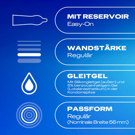Durex Performa prezervatīvi – dzimumakta pagarināšanas prezervatīvi ar 5% benzokaīna gelu un viegli uzvelkamu formu – 40 prezervatīvi (1 iepakojums)