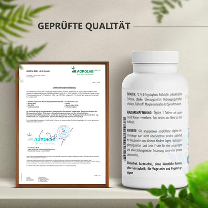 L-triptofāns - Augsta L-triptofāna deva 1000 mg uz tableti (120 vegānas tabletes) - Aminoskābe no augu fermentācijas - bez nevēlamām piedevām, bez glutēna un bez laktozes - vitaworld
