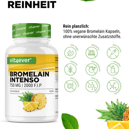 Bromelain Intenso - 750 mg (2000 FIP) - 120 kuņģa sulu izturīgas kapsulas - dabīgs ananāsu ekstrakts - laboratorijā pārbaudīts - vegāns - augsta deva