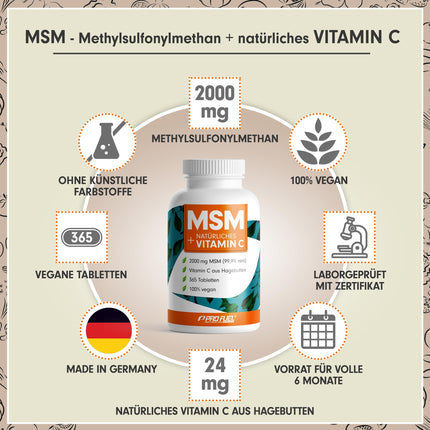 MSM 2000 mg dienā + dabīgs C vitamīns - 365 MSM tabletes ar metilsulfonilmetānu - kompaktāks MSM pulveris nekā MSM kapsulās - augsta deva ar 1000 mg uz MSM tableti - laboratoriski pārbaudīts ar sertifikātu