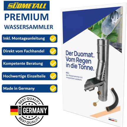 SÜDMETALL - 3-vienā cinka lietus ūdens savācējs un lapu savācējs 100 mm pilna sistēma - Īpaši augsta ūdens atdeve, apm. 95% - Notekcaurules/drenāžas caurules kombinācija, kas sastāv no ūdens savācēja, lietus caurules atloka un lapu uztvērēja