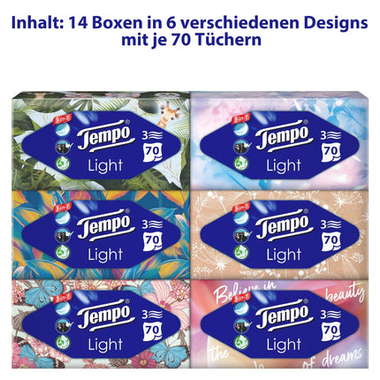 Tempo Light Box salvetes - Megapack - 14 kastes, 70 salvetes kastē - mīkstas papīra salvetes, mazgājamas veļas mašīnā