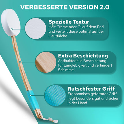 BELAVENA© muguras krēmveida līdzeklis | Uzlabota koncepcija 2025. gadam — optimāla muguras kopšana ar muguras krēmeri/muguras birsti, ieskaitot 4 nomaināmus spilventiņus — muguras krēmeris/muguras krēma līdzeklis