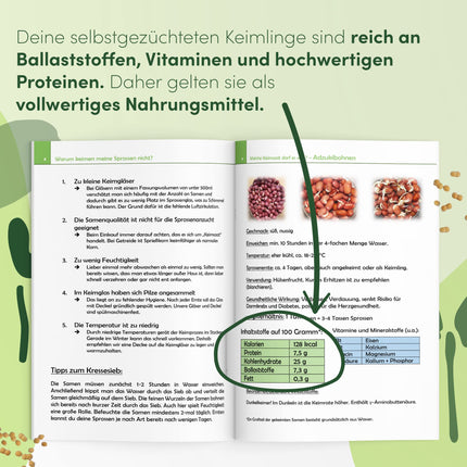 Green SEEDS dīgšanas burciņa, 2 gab. komplekts, 1000 ml, ar augstas kvalitātes nerūsējošā tērauda sieta vāku, statīvu + BEZMAKSAS dīgšanas ABC [Drukātas versijas]