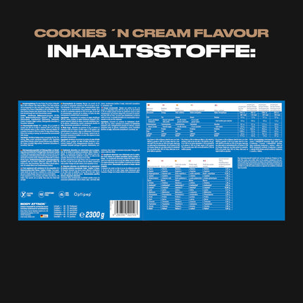 Body Attack 100% sūkalu proteīns - Cookies n Cream, 2,3 kg - ražots Vācijā - īpaši krēmīgs proteīna pulveris ar hidrolizātu un BCAA, atbalsta muskuļu augšanu un diētas, visiem sportistiem un sievietēm
