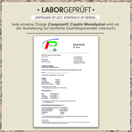 CREAPROOF® kreatīna monohidrāts 500 g - Kreatīna monohidrāts ar augstāko tīrības pakāpi, ko apstiprina neatkarīgas laboratorijas analīzes - Kreatīns bez smagajiem metāliem vai piemaisījumiem - Augstākās kvalitātes kreatīna pulveris