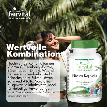 Fairvital | Nieru kapsulas - 60 kapsulas - AUGSTA DEVA - VEGĀNS - ar dzērvenēm, miltenēm, pienenēm un citām sastāvdaļām