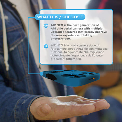 AIR NEO by AirSelfie — kabatas izmēra gaisa kamera ar automātisko lidojuma funkciju, mini drons brīvroku fotoattēliem un video uzņemšanai, 12 MP kamera augstas izšķirtspējas fotoattēliem un 2K video, zilā krāsā