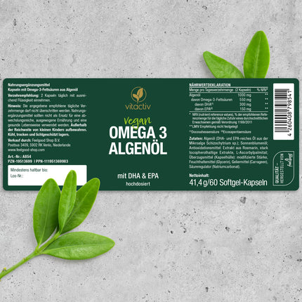 VITACTIV Omega 3 aļģu eļļas kapsulas - 60 kapsulas - jūras Omega 3 vegāns, augsta deva ar 1000 mg mikroaļģu eļļas vienā dienas devā - 450 mg Omega-3 taukskābes DHA un EPA (2:1) - sirdij, smadzenēm, acīm - laboratoriski pārbaudīts