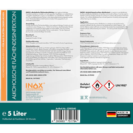 INOX® virsmu dezinfekcijas līdzeklis 5L – spirta bāzes virsmu dezinfekcijas līdzeklis visām gludām virsmām – ļoti efektīvs virsmu dezinfekcijas līdzeklis