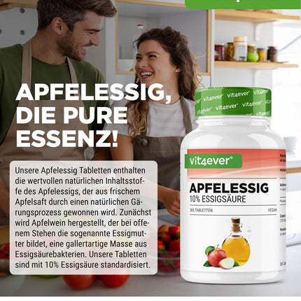 Ābolu sidra etiķis - 365 tabletes - augsta deva ar 1000 mg dienā - ar 10% ābolu etiķskābes - 6 mēnešu krājumi - bez nevēlamām piedevām - vegāns