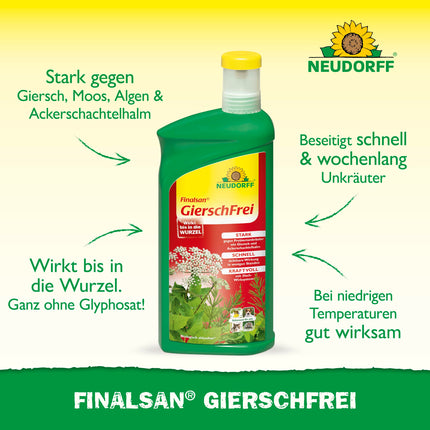 Neudorff Finalsan GierschFrei – ātras iedarbības nezāļu iznīcinātājs pret zemes plūškoku un kosu 180 m². Iedarbojas līdz pat saknei, 1 litrs