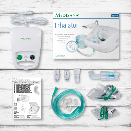 Medisana IN 500 inhalators, inhalācijas ierīce ar iemutni un masku pieaugušajiem un bērniem, inhalators-smidzinātājs saaukstēšanās vai astmas ārstēšanai ar papildu piederumiem