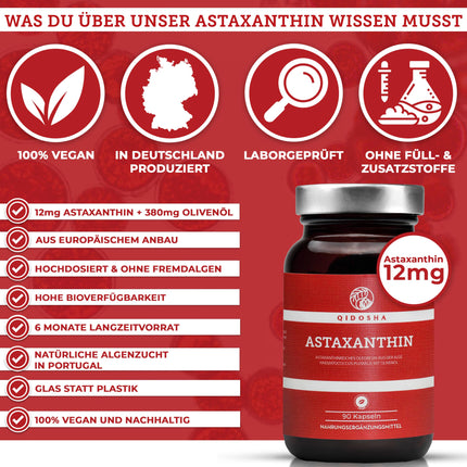 QIDOSHA® astaksantīns 12 mg no ES izejvielām un olīveļļas, 90 gab./burciņā, 12 mg lielas astaksantīna devas vienā kapsulā, šķidrs astaksantīns ar lielu devu no Portugāles aļģu audzēšanas