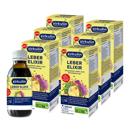 Zirkulin aknu eliksīrs (6 x 120 ml) – aknu veselības un attīrīšanas atbalsts – ar holīnu, piena dadzi, vīnogu kauliņu un nātru ekstraktu – antioksidants un diurētiķis – ikdienas lietošanai