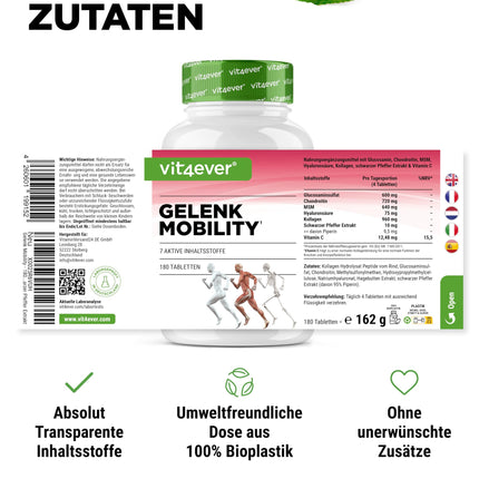Locītavu kustīgums - 180 tabletes - Augsta deva ar 7 aktīvajām sastāvdaļām: glikozamīns + hondroitīns + MSM + hialuronskābe + kolagēns + C vitamīns + melno piparu ekstrakts