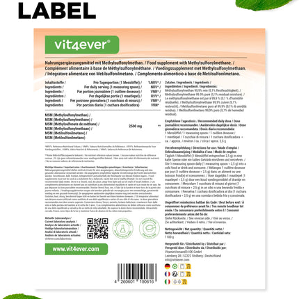 MSM pulveris - 1,1 kg (1100 g) - 99,9% tīrs kristālisks metilsulfonilmetāns - sieta koeficients 40-80 - organiskais sērs - vegāns