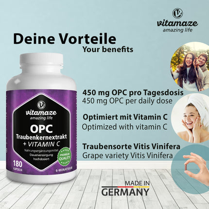 OPC vīnogu kauliņu ekstrakta kapsulas, sertificētas, augsta deva: 450 mg tīra OPC, 180 kapsulas 6 mēnešiem, dabīgs uztura bagātinātājs bez piedevām, ražots Vācijā