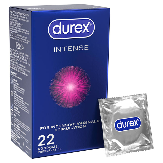 Durex Intense prezervatīvi – ar izciļņiem, ribām un samitrināti ar Desirex gēlu – ideāli pieguļ un viegli attināmi – 22 prezervatīvi (1 iepakojums)