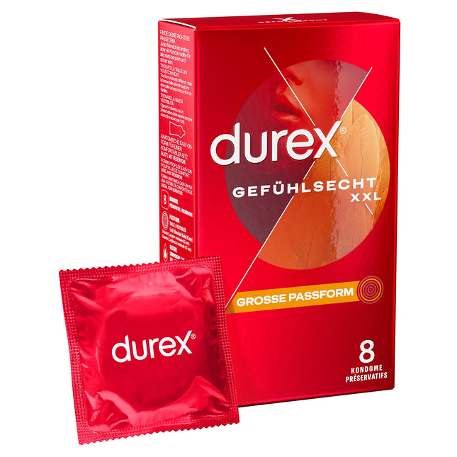 Durex Feeling Real XXL prezervatīvi – plāni prezervatīvi ar lielu piegriezumu, samitrināti ar silikona lubrikantu – 8 gab. iepakojumā (1 x 8 gab.)