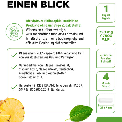 Bromelain Intenso - 750 mg (7500 FIP) - 120 kuņģa sulu izturīgas kapsulas - Īpaši augsta deva - Dabīgs ananāsu ekstrakts - Vegāns
