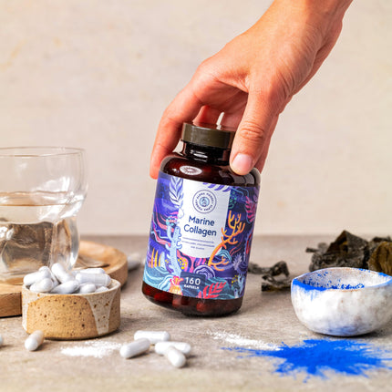 Jūras kolagēns ar hialuronskābi kapsulās | 160 kapsulas | Jūras kolagēna hidrolizāts un jūras elastīns ar hialuronskābi un spirulīnu | Alfa pārtikas produkti