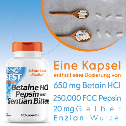 DOCTOR'S BEST betaīna hidrohlorīds ar pepsīnu un rūgto genciānu, 650 mg, 120 mīkstās kapsulas, augsta deva, laboratoriski pārbaudīts, bez sojas, bez glutēna, bez ĢMO, 113 g