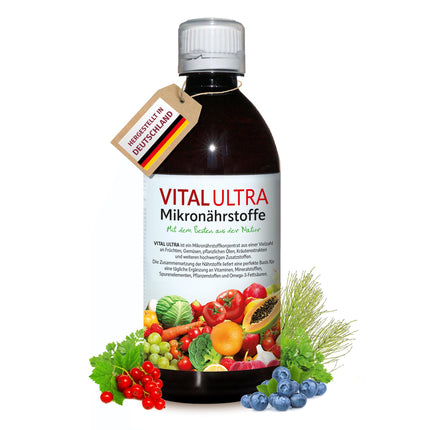 Vital Ultra - 480 ml - Mikroelementu koncentrāts ar vitamīniem, minerālvielām, mikroelementiem, augu vielām un omega-3 taukskābēm - šķidrs ēdiens, kas pagatavots no vairāk nekā 70 sastāvdaļām, līdz pat 60 porcijām