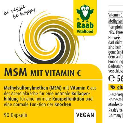 Raab Vitalfood® MSM ar C vitamīnu kapsulas (90 kapsulas) - ar OptiMSM® no ASV, ļoti tīrs, metilsulfonilmetāns (MSM), vegāns, tikai 2 kapsulas dienā