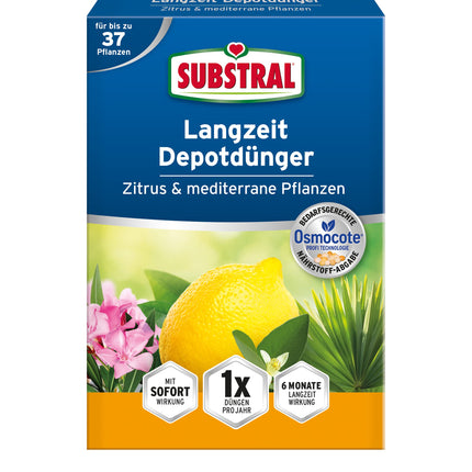 Substral ilgtermiņa depo mēslojums citrusaugļiem un Vidusjūras augiem, piem. bugenvilejas, oleandri, vīģes u.c., 750 g, zaļas