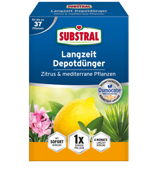 Substral ilgtermiņa depo mēslojums citrusaugļiem un Vidusjūras augiem, piem. bugenvilejas, oleandri, vīģes u.c., 750 g, zaļas