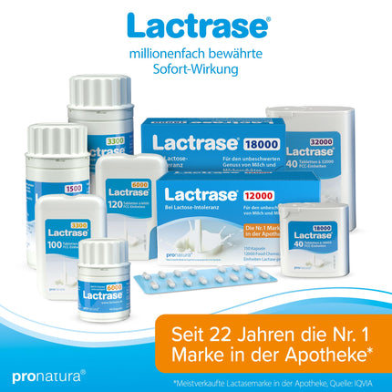 pro natura Lactrase 12000 – 150 laktāzes kapsulas laktozes nepanesības gadījumā, lai bezrūpīgi baudītu pienu un piena produktus